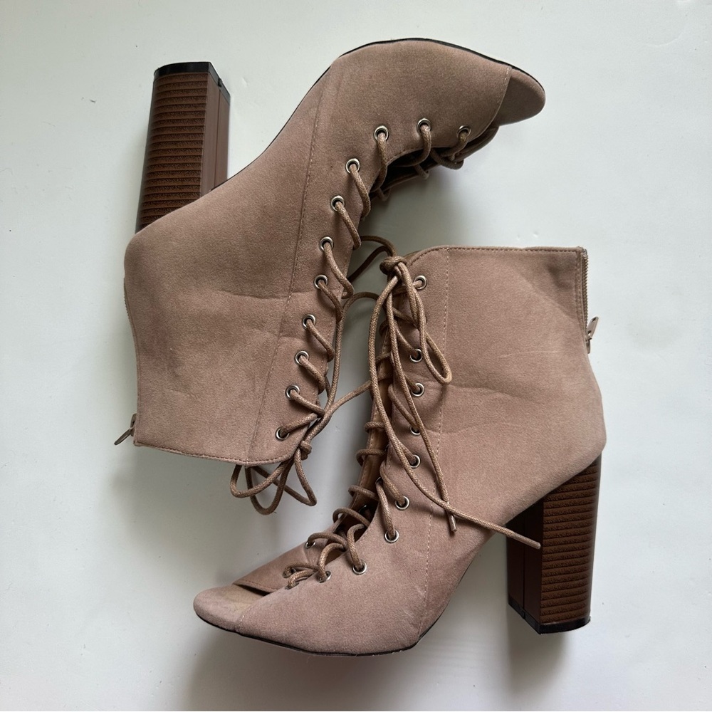Tan Suede Lace Up Boots with Peep Toe and Block Heel
